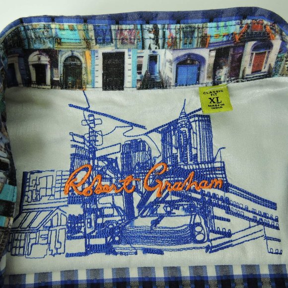 Robert Graham Classic Fit XL shirt blue white plaid check City print flip cuff - Picture 9 of 12